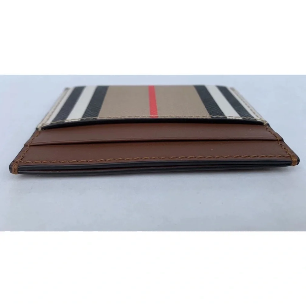 Burberry Taupe Brown Icon Stripe Leather Check  Card Holder
